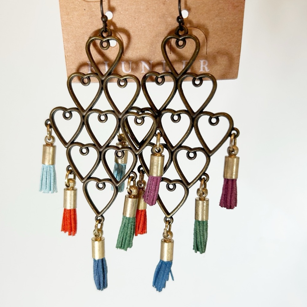 ♥️ HEART Chandelier Colorful Earrings With Mini Tassles - Picture 2 of 7